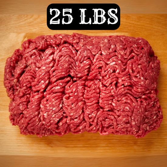25 lb Large Ground Beef Box from Parker County Beef Company — vacuum sealed 1 lb packs of 80/20 brisket blend ground beef, shipped frozen from Springtown, TX