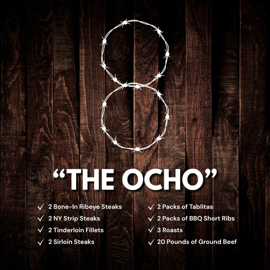 The Ocho Beef Box — 8 cut varieties from Parker County, Texas including steaks, ribs, roasts, and ground beef